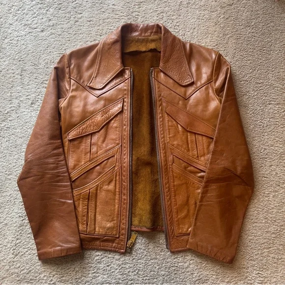 East West Musical Instruments Vintage 1970’s Tan leather Jacket Suede Interior L - Picture 1 of 13